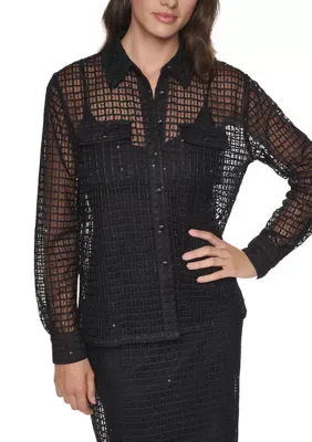 Long Sleeve Sequin Mesh Shirt by DKNY