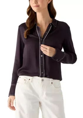 Longline Silky Button Down Woven Shirt by Philosophy