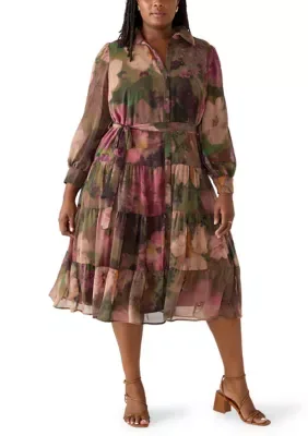 Long Sleeve Printed Chiffon Midi Shirtdress by Robbie Bee