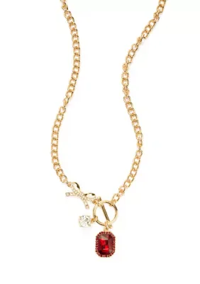 Crown & Ivy Pav Bow Toggle Charm Ruby Stone Necklace 16 In