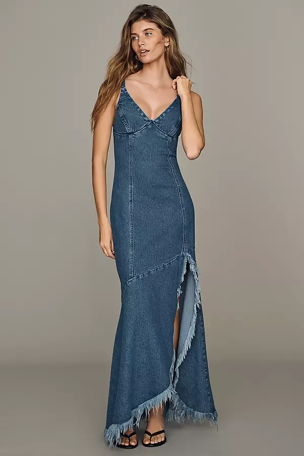 Frayed Hem Denim Maxi Dress by Avec Les Filles