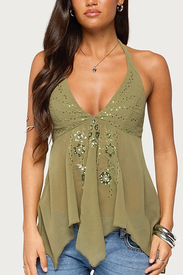 Bodie Sequin Chiffon Handkerchief Top by Edikted