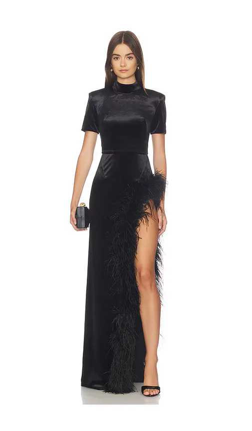 Short Sleeve Velvet Maxi Dress with Feather Trim by Bronx Banco