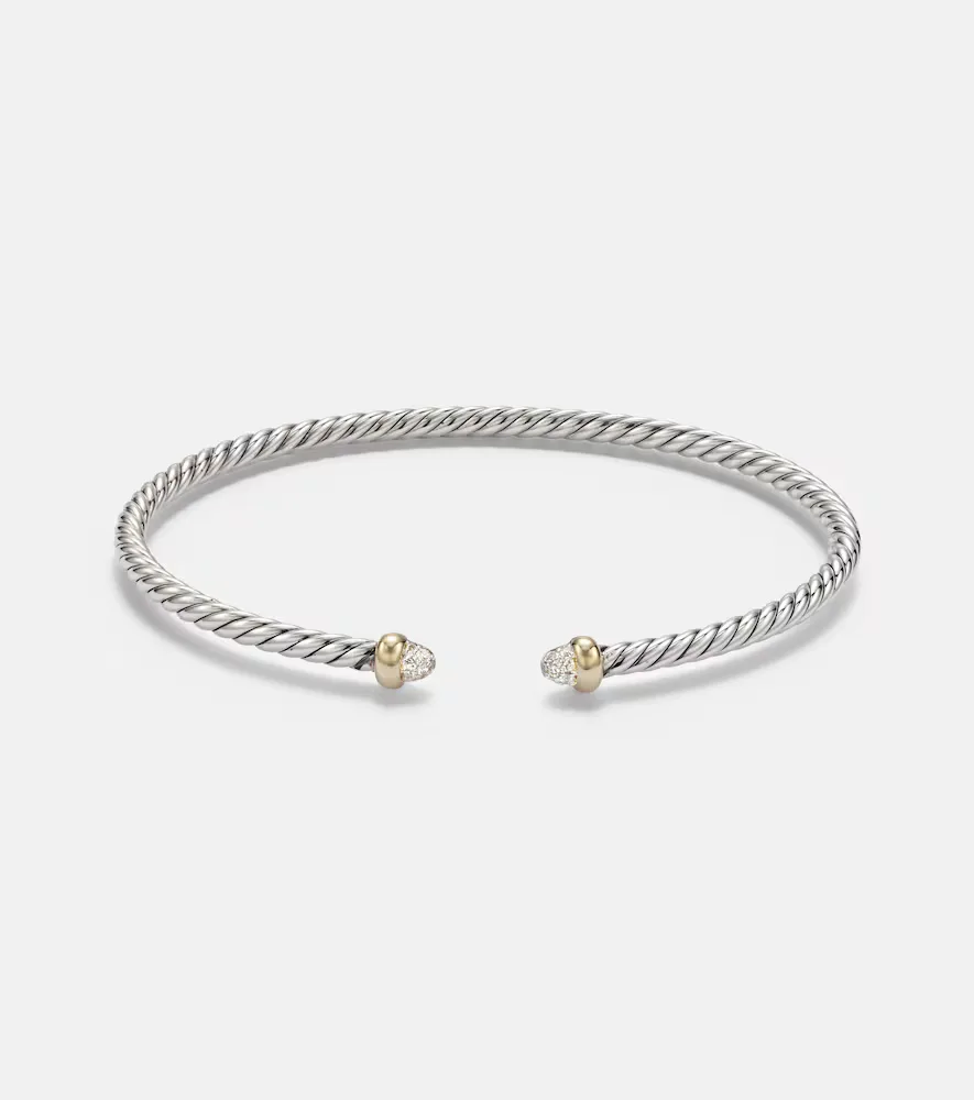 Micro Cable Flex Sterling Silver and 14kt Gold Cuff Bracelet with Diamonds
