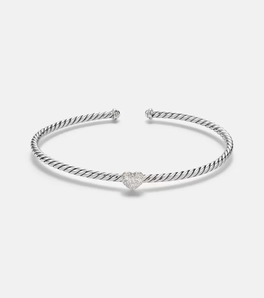 Cable Flex Heart Micro Sterling Silver Cuff Bracelet with Diamonds