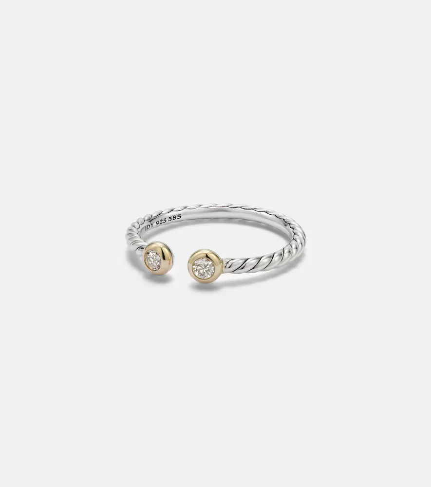 Cable Open Sterling Silver and 14kt Gold Ring with Diamonds by David Yurman