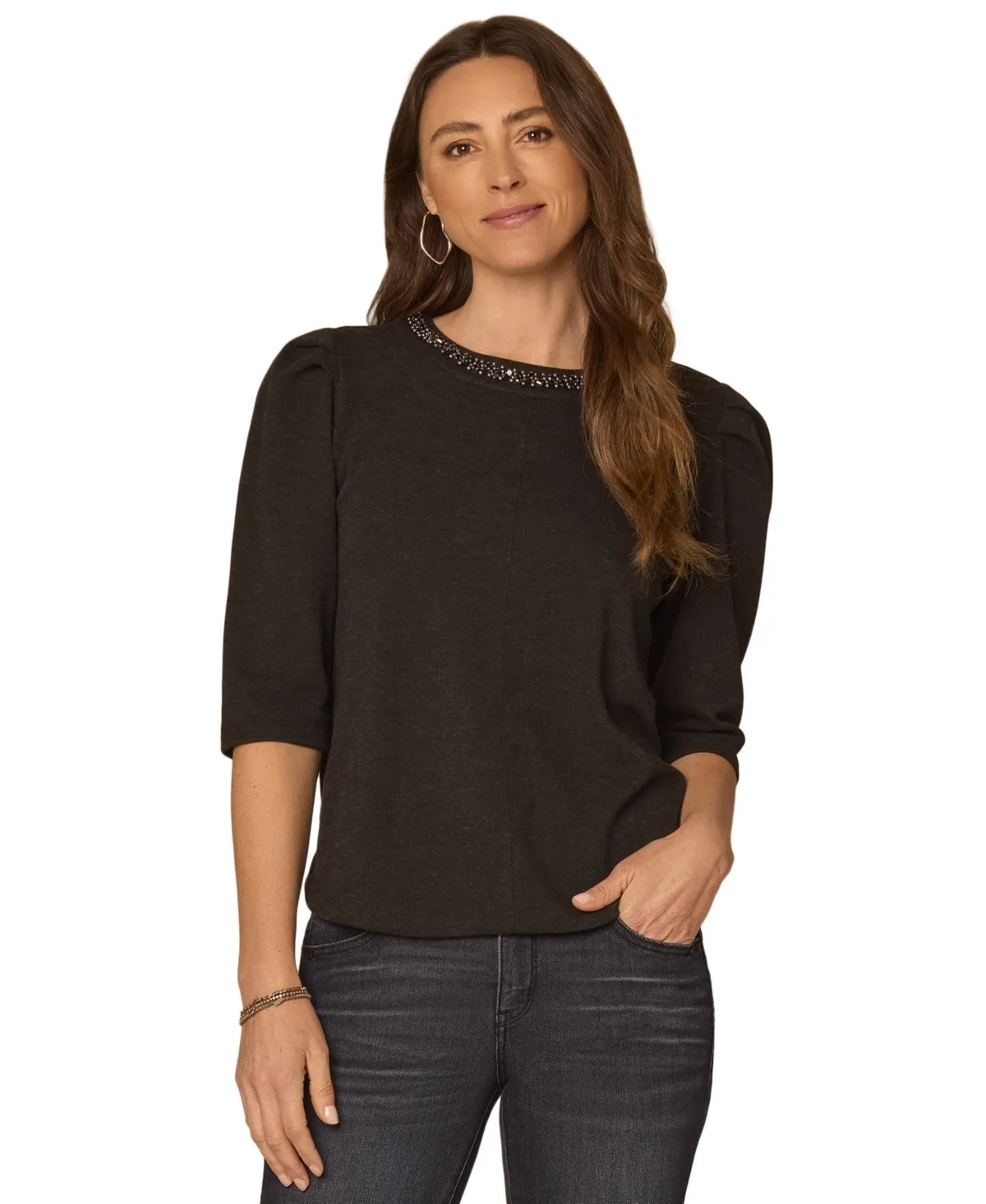 Scoop-Neck Rhinestone Elbow-Length Sleeve Blouse