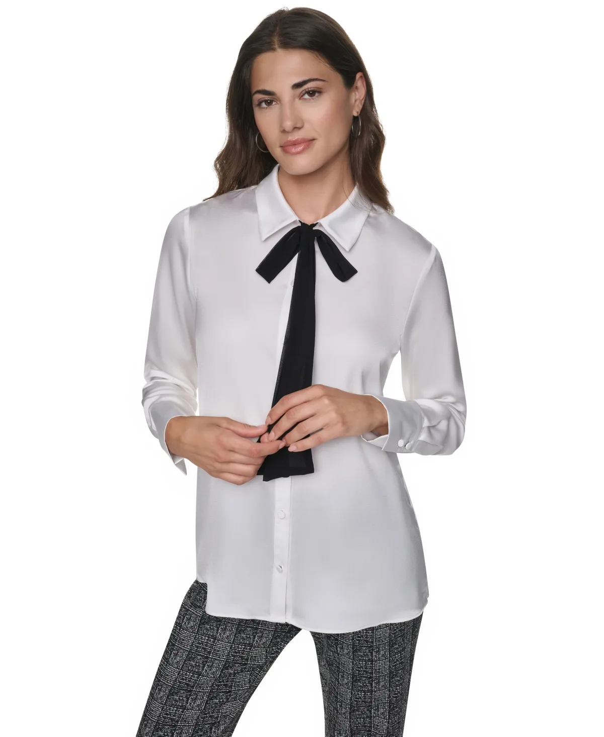 Satin Long-Sleeve Chiffon Neck Tie Blouse by DKNY