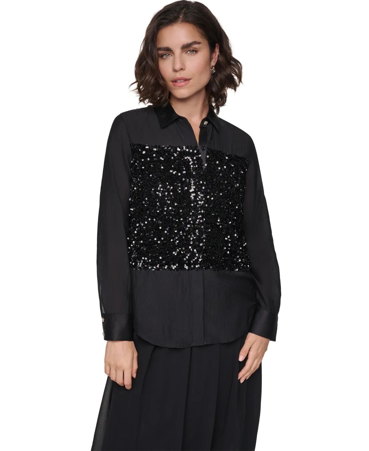 Mixed Media Sequin Long-Sleeve Collared Blouse