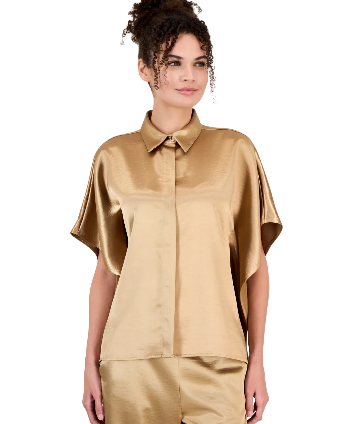 Collared Dolman-Sleeve Satin Blouse