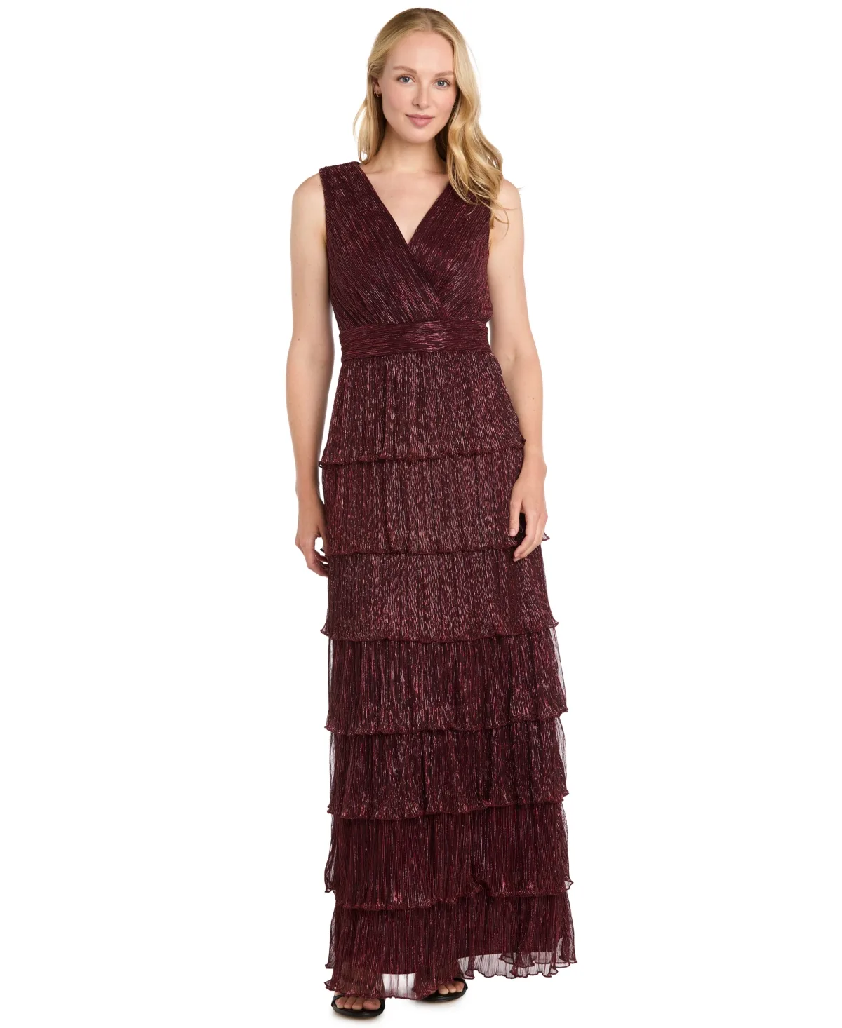 Metallic Tiered-Ruffle Sleeveless Gown