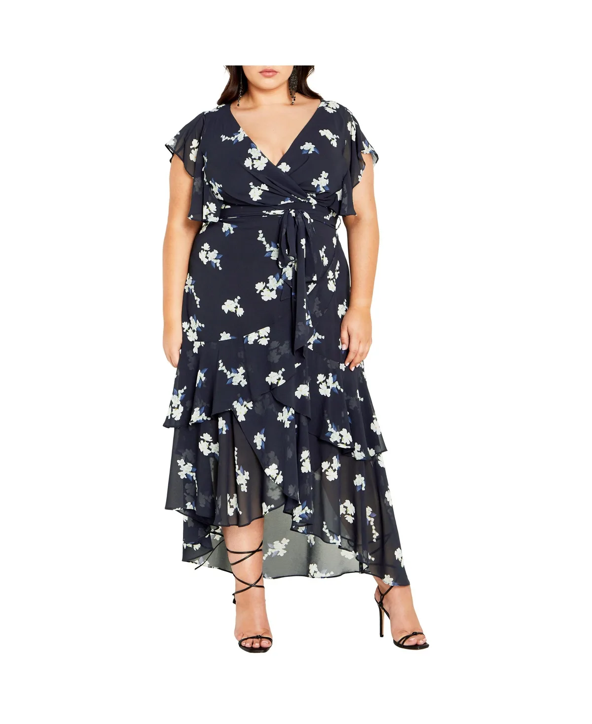Demure V-Neck Flutter Sleeve Floral Maxi Dress