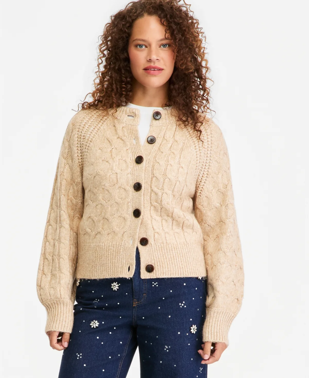 Cable-Knit Crewneck Cardigan by On 34th