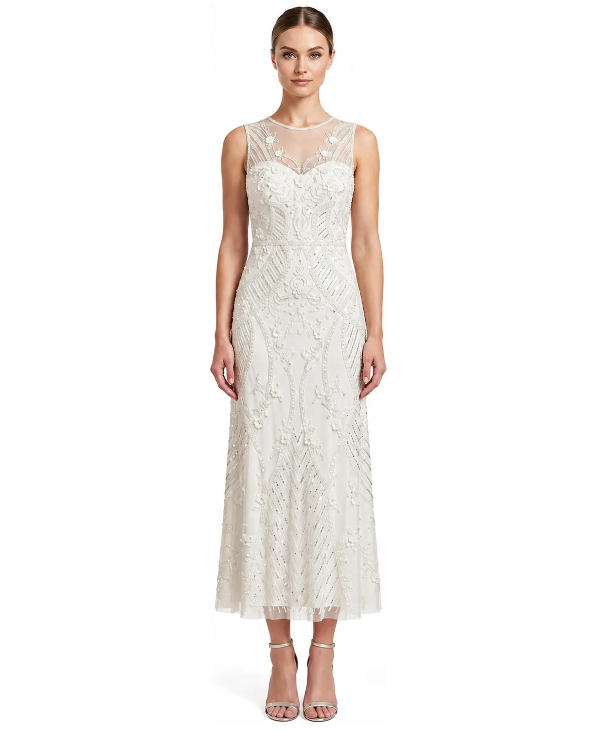 Beaded Illusion Crewneck Midi Dress