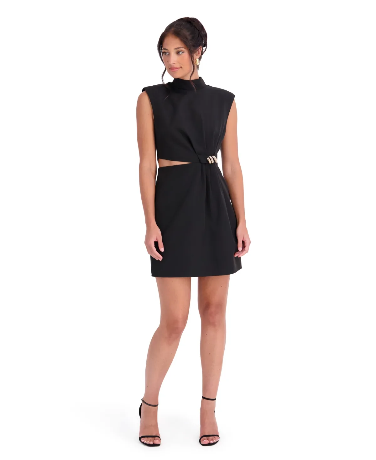 Drapey Woven Mock Neck Asymmetric Waist Cutout Mini Dress