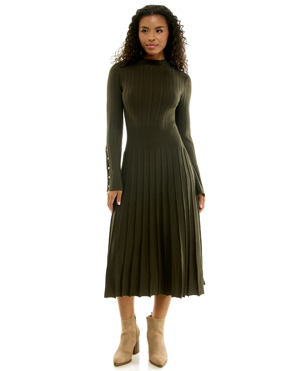 Long-Sleeve Mock Neck Midi Sweater Dress