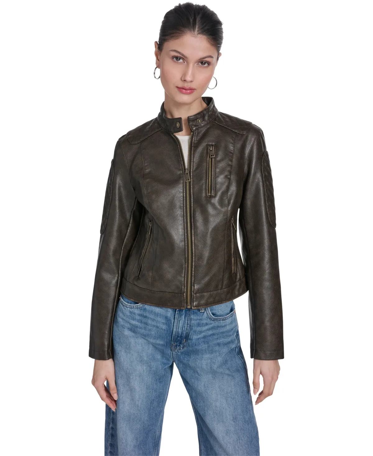 Faux Leather Moto Stand-Collar Jacket