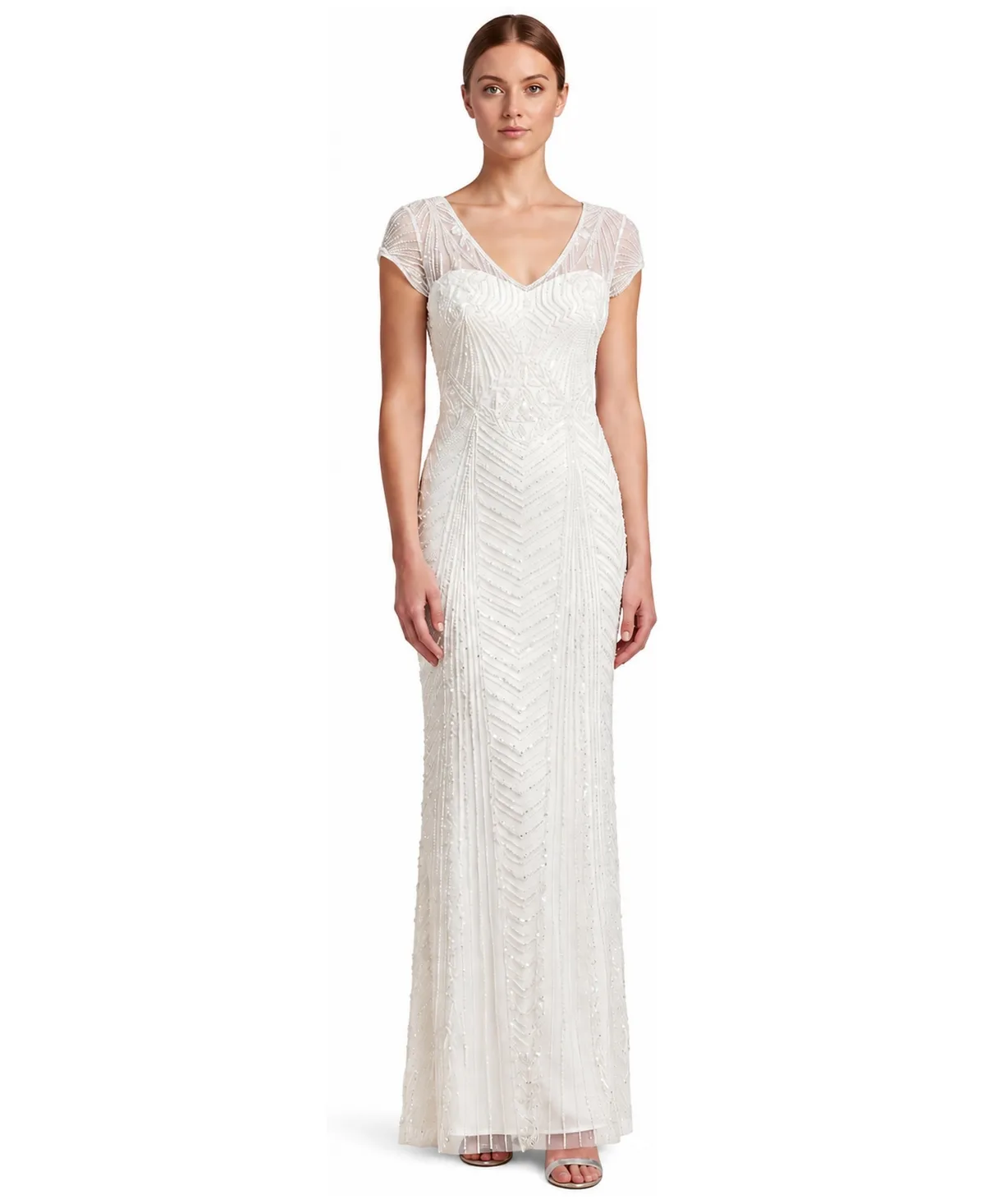 Beaded Cap Sleeve Sheath Gown