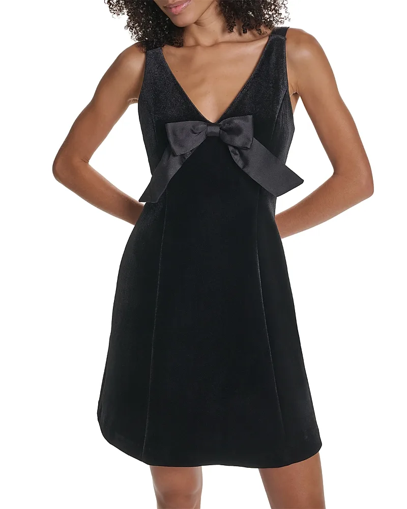 Paris Sleeveless Velvet V Neck Bow Front Cocktail Dress