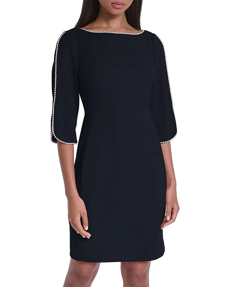 Paris Faux Pearl Trim Boat Neck Three Quarter Sleeve Sheath Dress