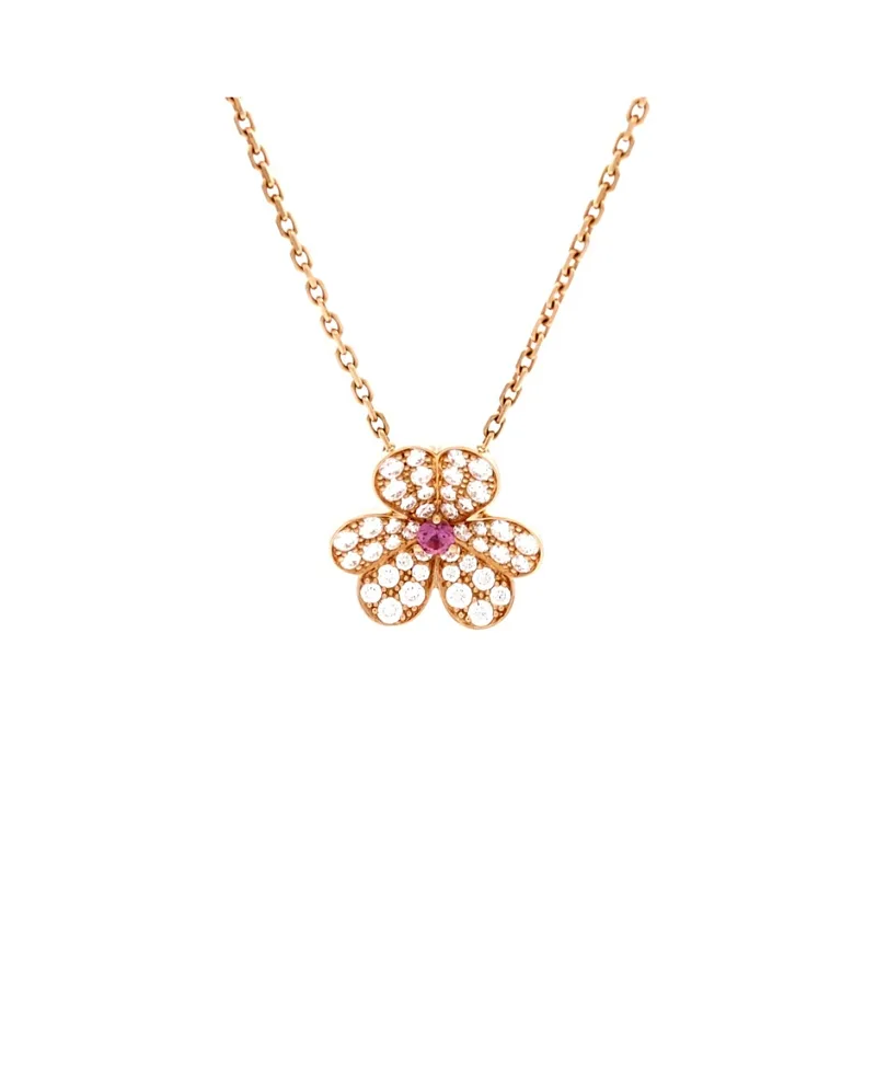 Pre-Owned Van Cleef & Arpels Small Frivole Pendant Necklace 18K Rose Gold with Pink Sapphire and Pave Diamonds 16.5"