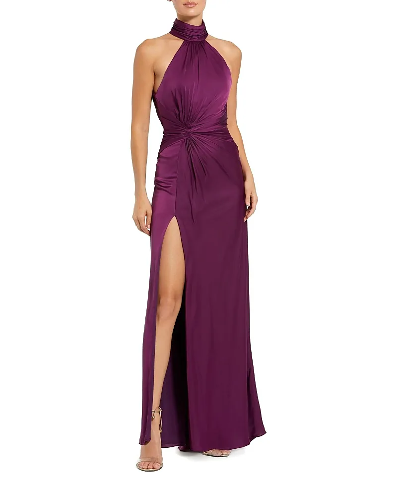 Mac Duggal Petite Open Back High Neck Side Ruched Gown