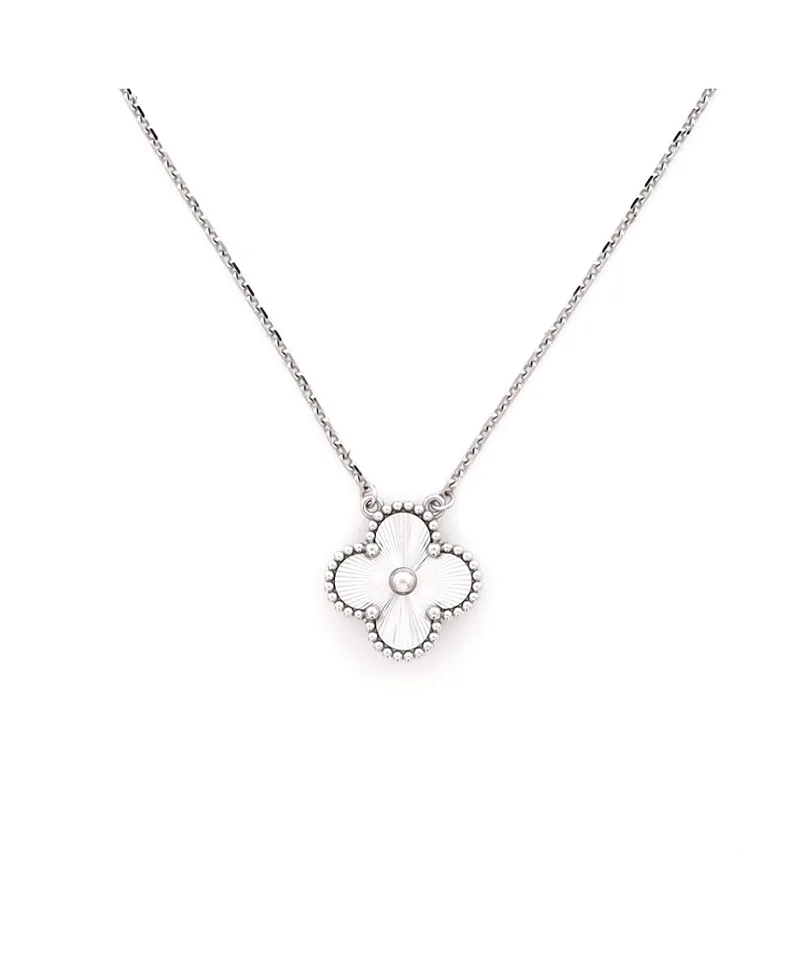 Pre-Owned Van Cleef & Arpels Vintage Alhambra Pendant Necklace Guilloche 18K White Gold by Pre-owned Van Cleef & Arpels