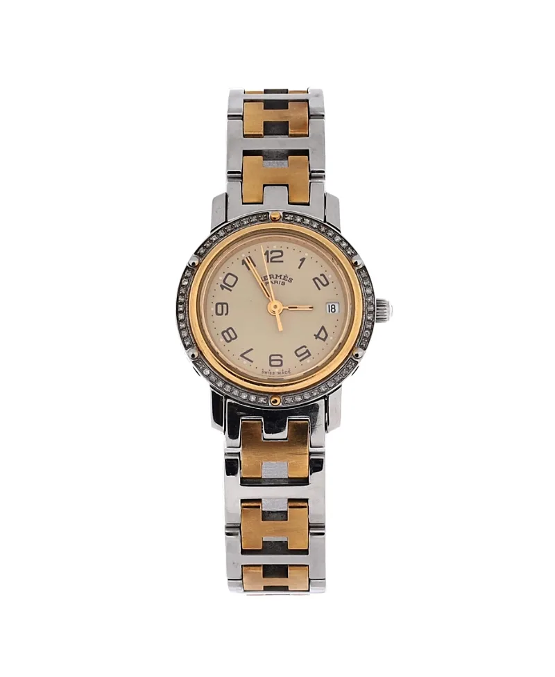 Pre-Owned Hermes Clipper Quartz Watch in Stainless Steel and Plated Metal with Diamond Bezel 24mm