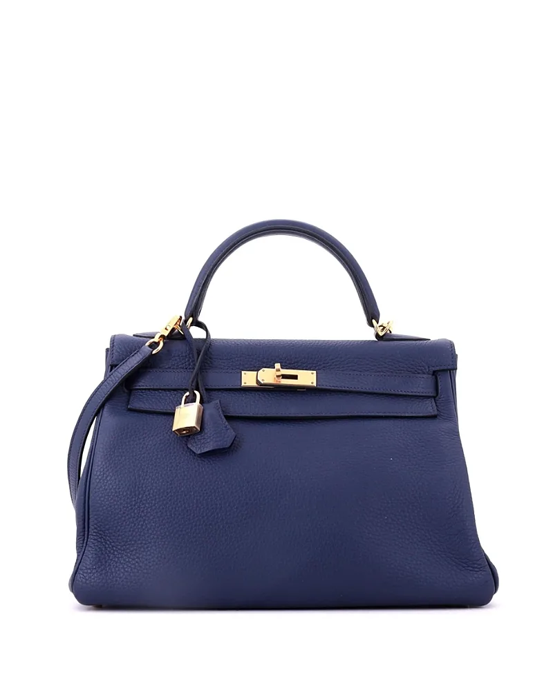 Pre-Owned Hermes Kelly 32 Handbag Blue Clemence with Gold Hardware by Hermes
