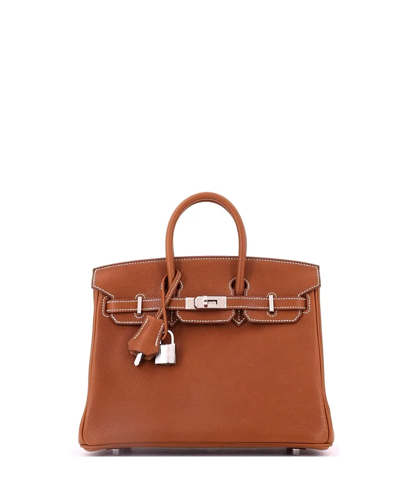 Pre-Owned Birkin 25 Handbag Brown Barenia Faubourg with Palladium Hardware by Hermes