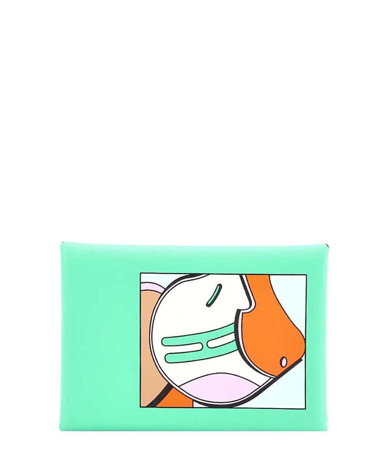 Pre-Owned Calvi Duo Card Holder Printed Leather by Hermes