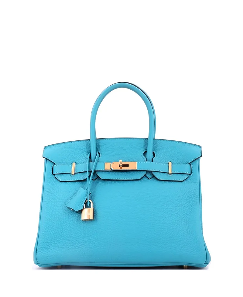 Pre-Owned Birkin 30 Handbag Blue Clemence with Gold Hardware by Hermes