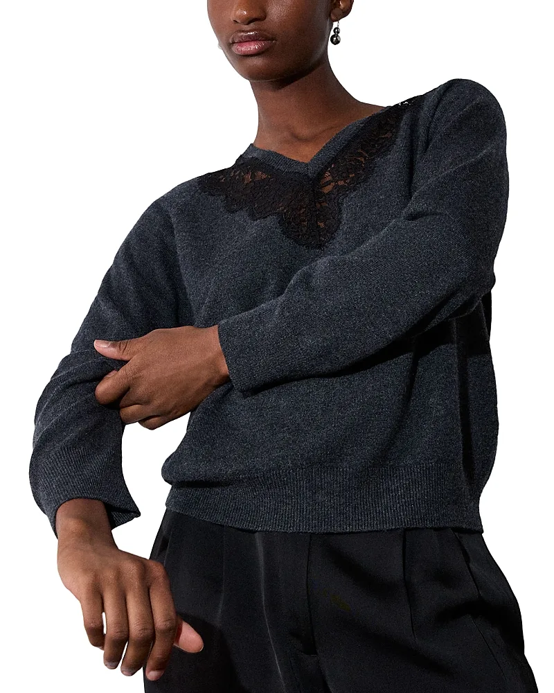 Lace Trim V Neck Sweater