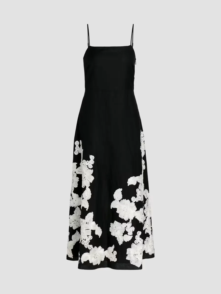 Annabella Floral Embroidered Linen-Blend Midi-Dress