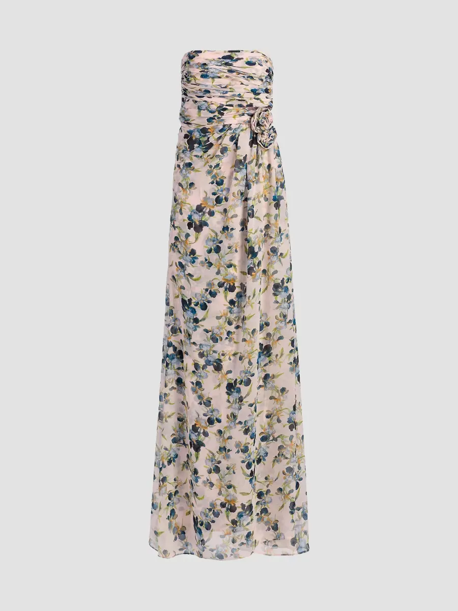 Magy Trailing Iris Floral Strapless Gown