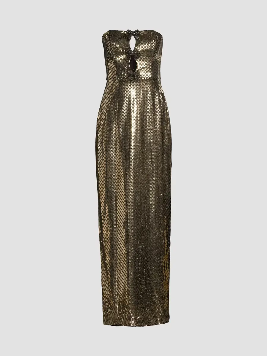 Strapless Sequined Bow-Embellished Gown by Liv Foster