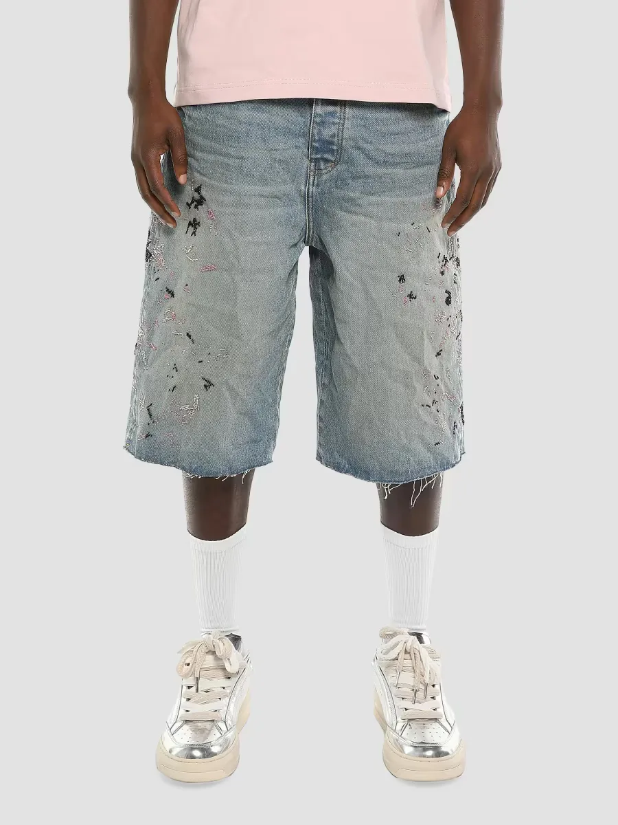 Beaded Paint Splatter Washed-Denim Shorts by Purple Brand