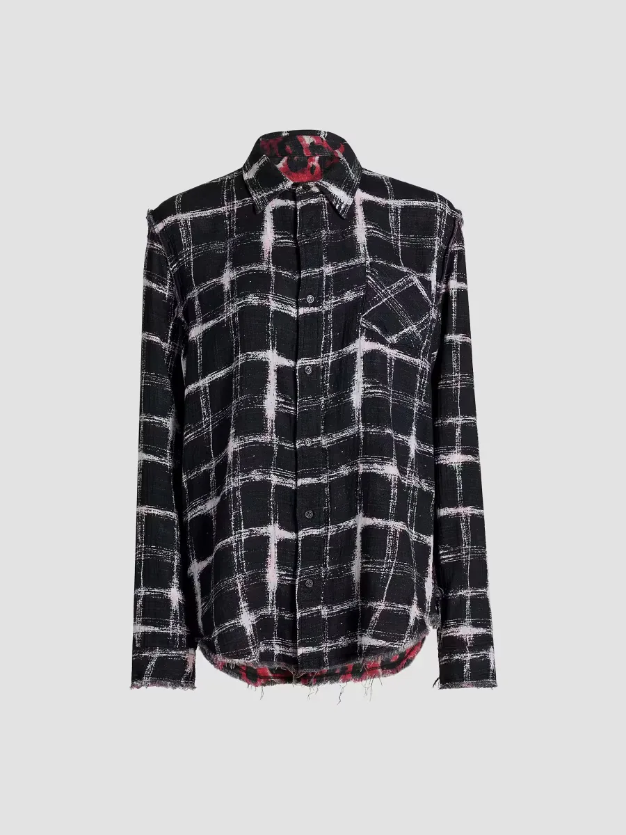 Reversible Shredded Seam Shirt - Black Ecru Plaid Red Leopard by R13