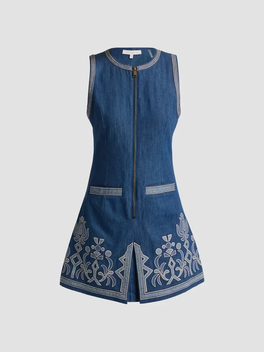 Paulina Geometric Floral-Embroidered Denim Minidress by Ramy Brook