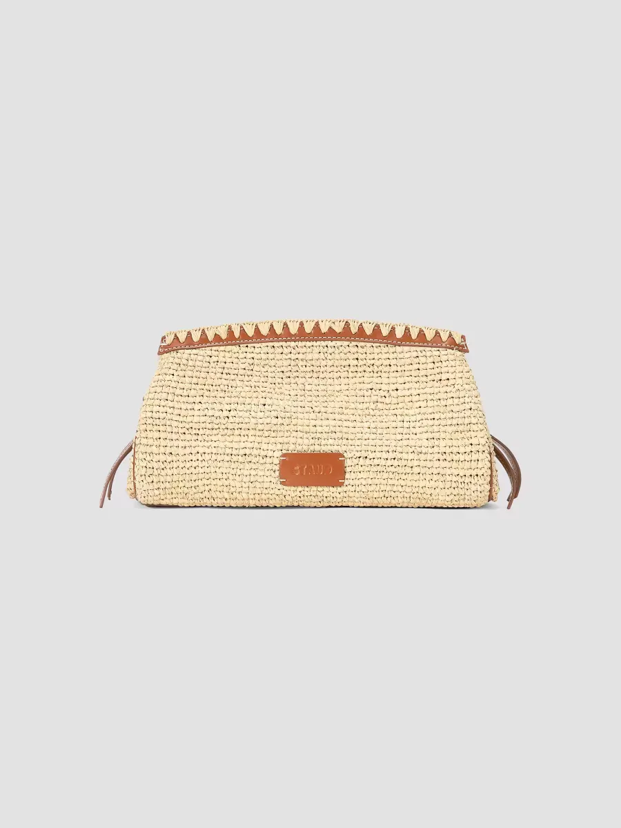 Maude Leather-Trim Raffia Clutch by STAUD