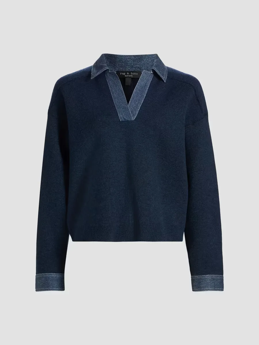 Marie Denim-Trimmed Polo Sweater by rag & bone