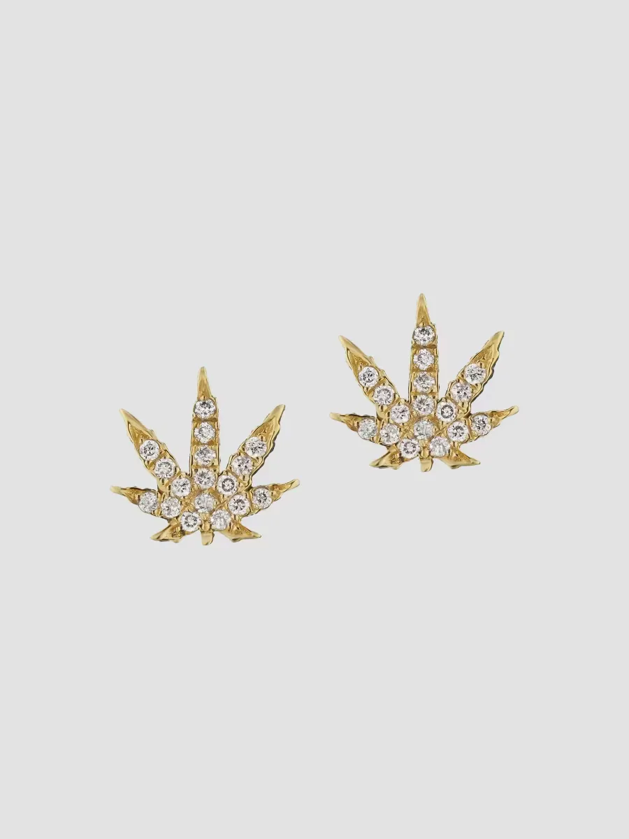 18K Yellow Gold & Diamond Cannabis Stud Earrings by Sorellina
