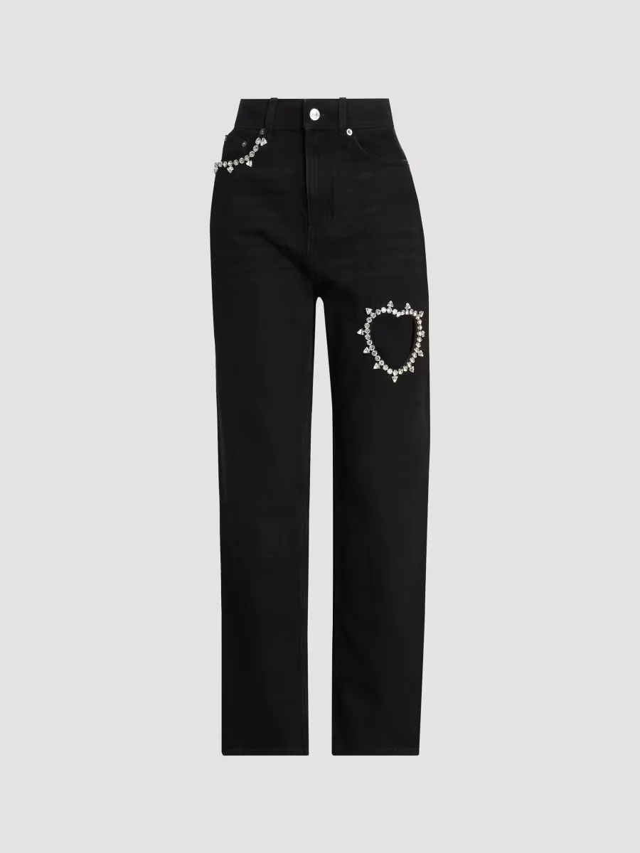 Crystal Heart Embellished Straight Jeans by Area