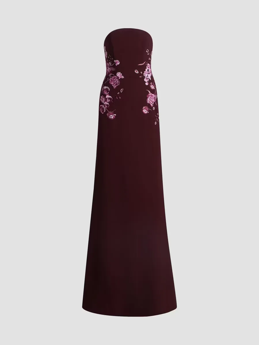 Floral-Appliqu Crepe Strapless Fit & Flare Gown