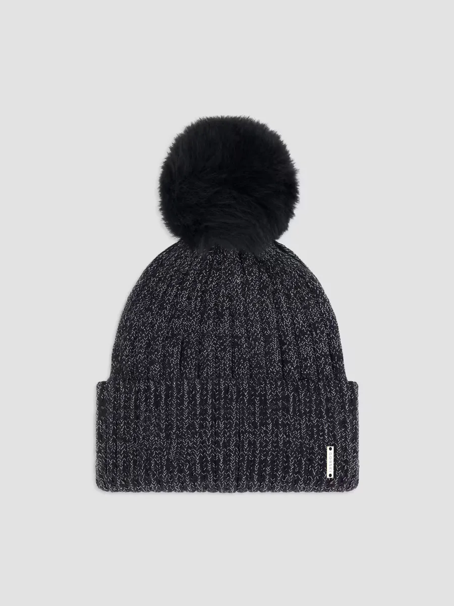 Metallic Wool Blend Knit Beanie Hat with Merinillo Shearling Lamb Pompom by Gorski