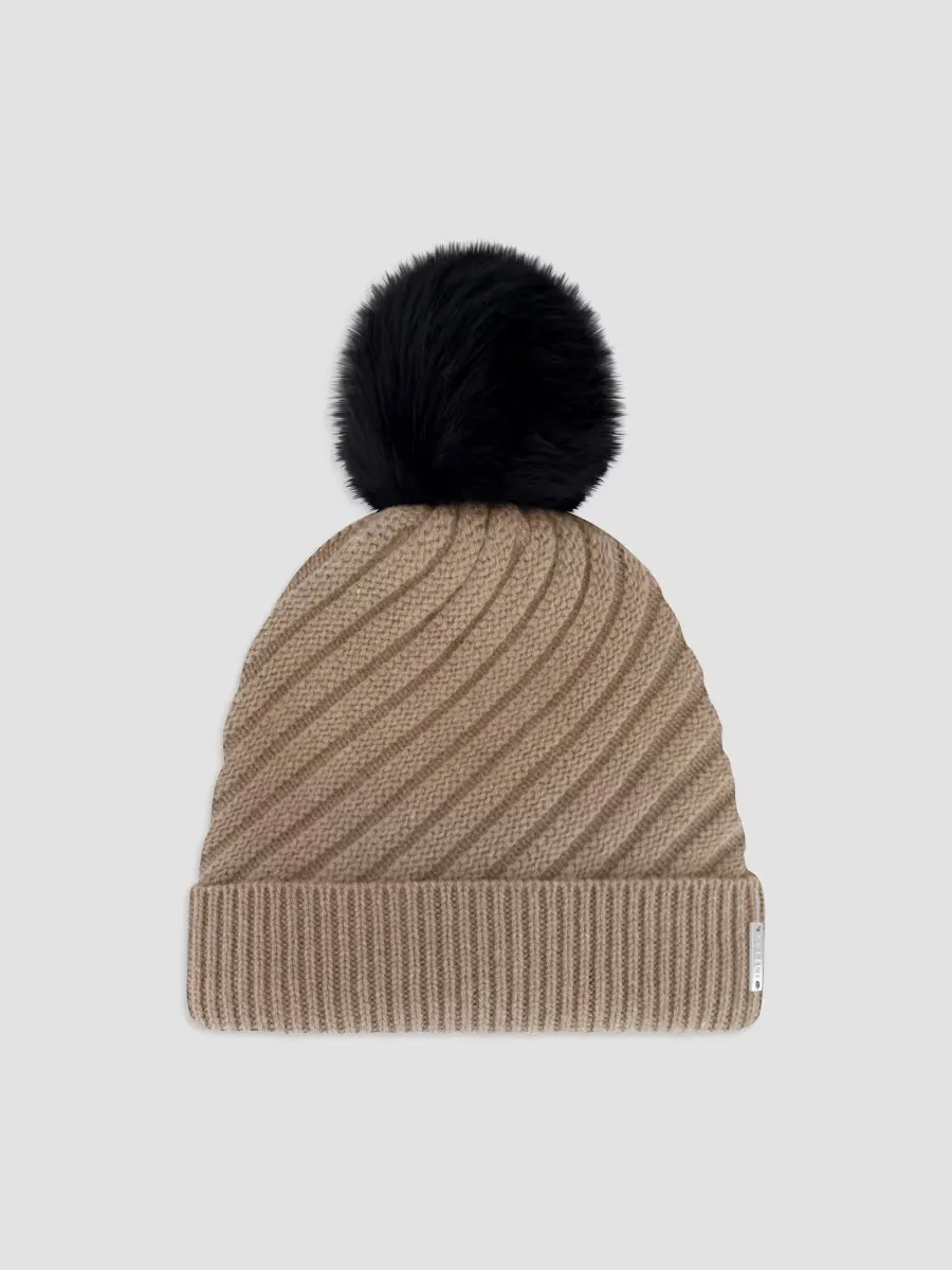 Select Cashmere Cable Knit Beanie Hat with Merinillo Shearling Lamb Pompom by Gorski