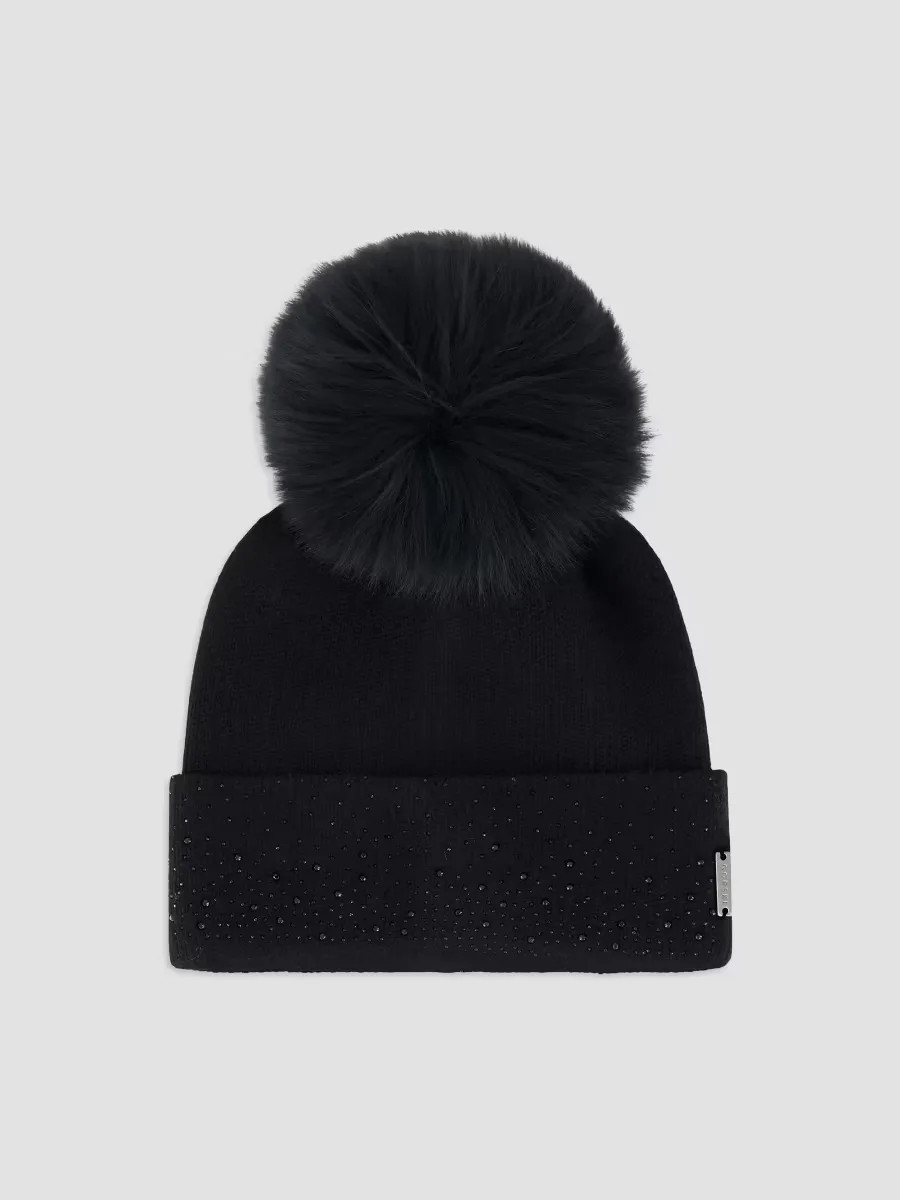 Embellished Beanie with Merinillo Shearling Lamb Pompom by Gorski