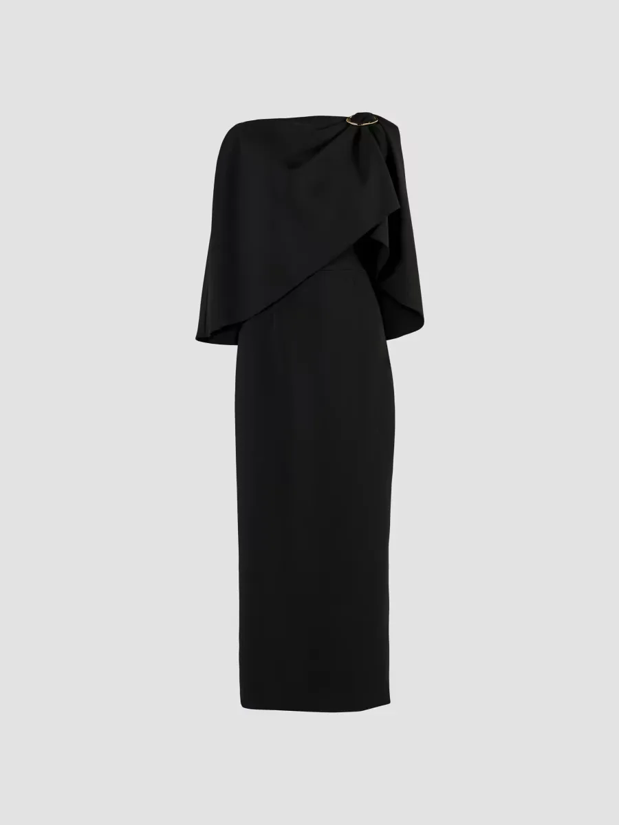 Stretch Virgin-Wool Draped Cape Midi Dress by Carolina Herrera