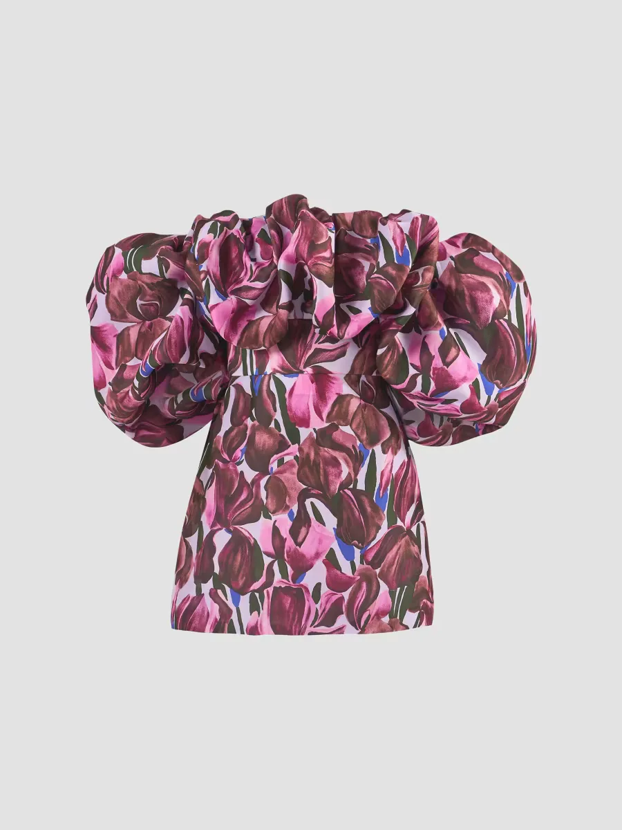 Floral Silk Ruffled Off-Shoulder Mini Dress by Carolina Herrera