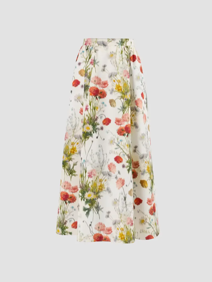 Floral Cotton-Silk A-Line Midi Skirt